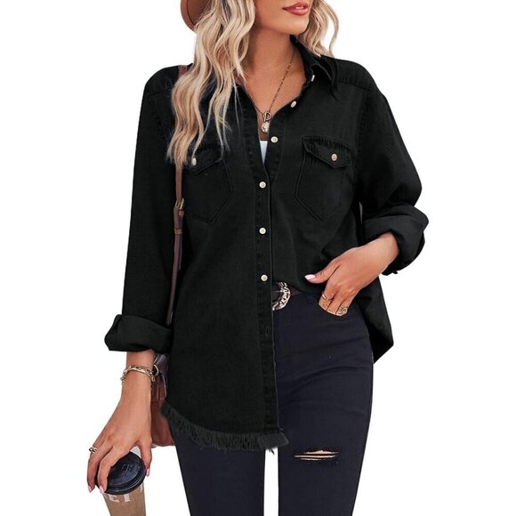 Women Black Chambray Collared Long Sleeve Pocket Button Down Denim Shirt - Picture 1 of 5